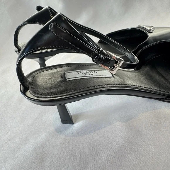 Prada Slingback Stiletto Ankle Strap Logo Accent Black Pointed Toe Leather 37.5 - Picture 10 of 14